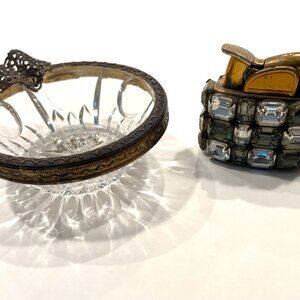 Evans Cabochon Mount Miniature Lighter French Glass Filigree Bronze Ashtray